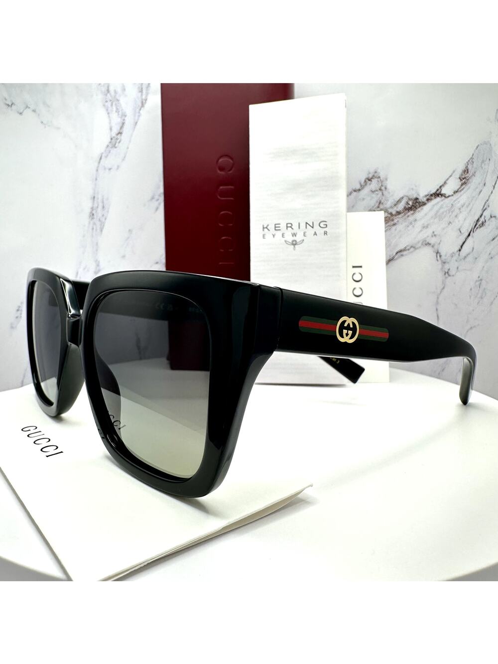 New GUCCI Sunglasses Black 54mm Square Gold Interlocking GG Red Green Web - Picture 1 of 16